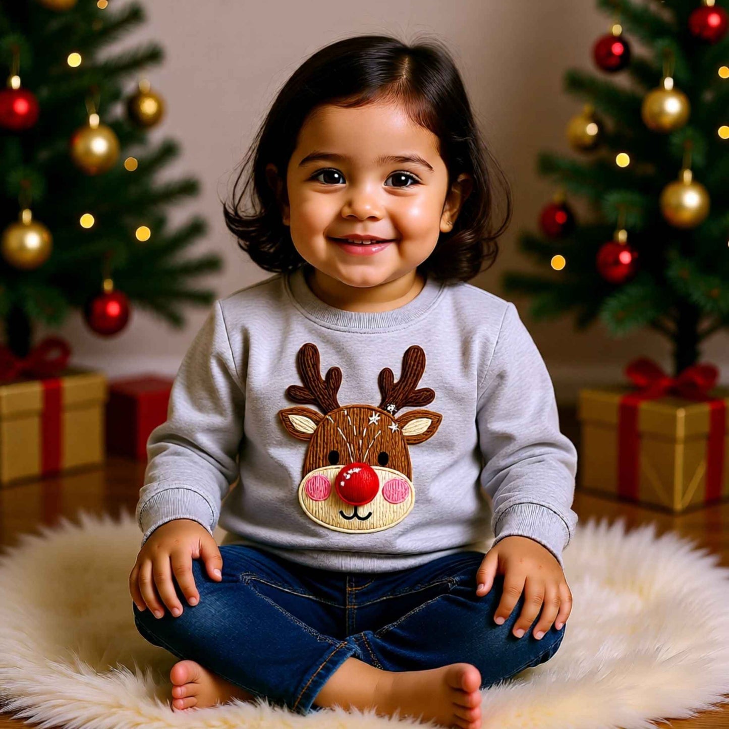 Faux Crochet Reindeer Toddler Christmas Crewneck Sweater – Cozy Winter Outfit for Boys & Girls