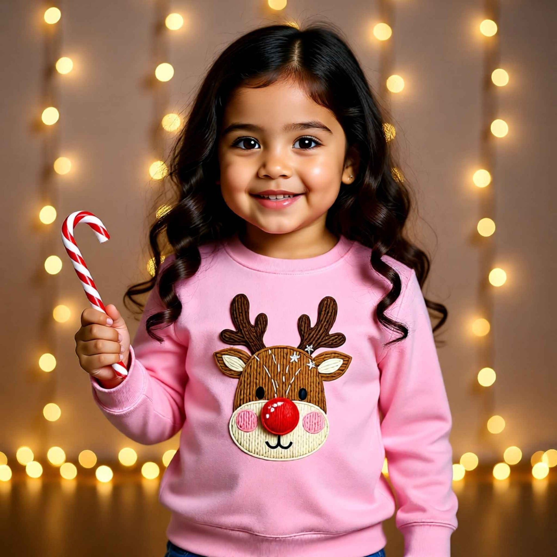 Toddler wearing a faux crochet reindeer Christmas crewneck sweatshirt