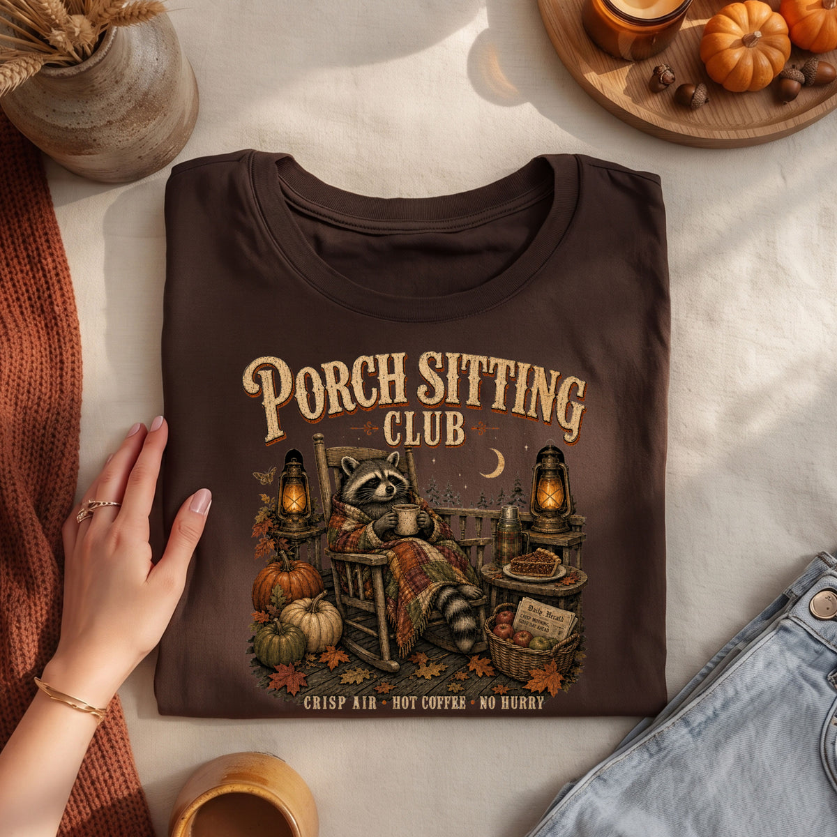 A folded dark brown graphic T-shirt is styled on a light fabric surface with autumn props. The shirt features a large front print of a raccoon sitting in a porch chair with pumpkins, lanterns, and the text 'Porch Sitting Club' and 'Chisp Air - Hot Coffee - No Berry.