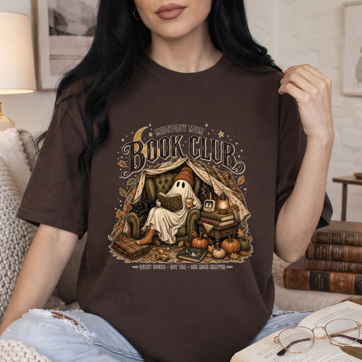 Midnight Mom Book Club cozy ghost book lover graphic tee