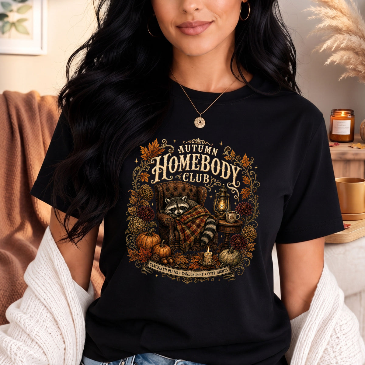 Autumn Homebody Club cozy fall raccoon graphic tee