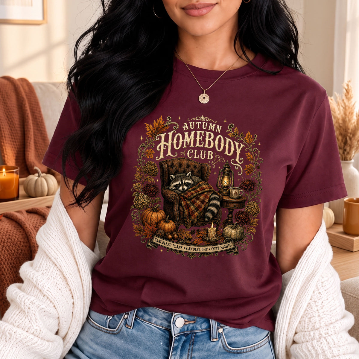Autumn Homebody Club cozy fall raccoon graphic tee