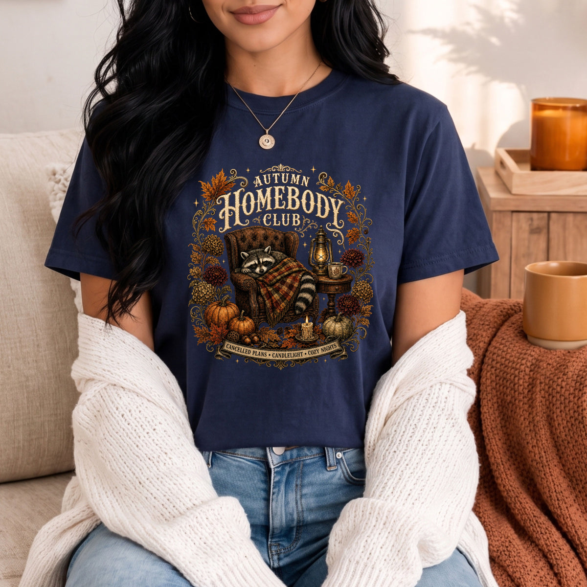 Autumn Homebody Club cozy fall raccoon graphic tee