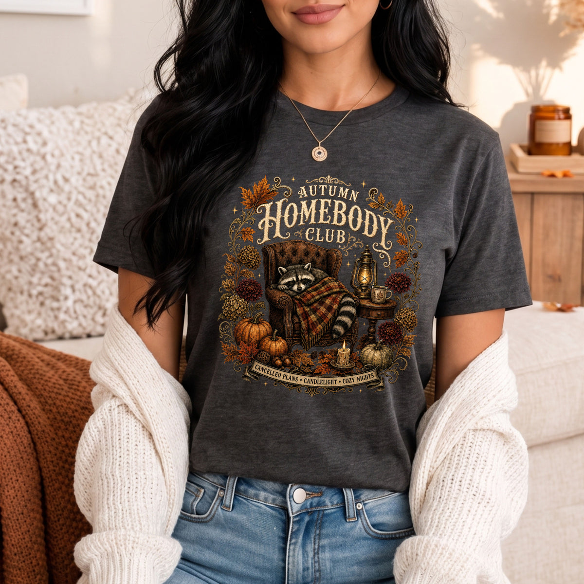 Autumn Homebody Club cozy fall raccoon graphic tee