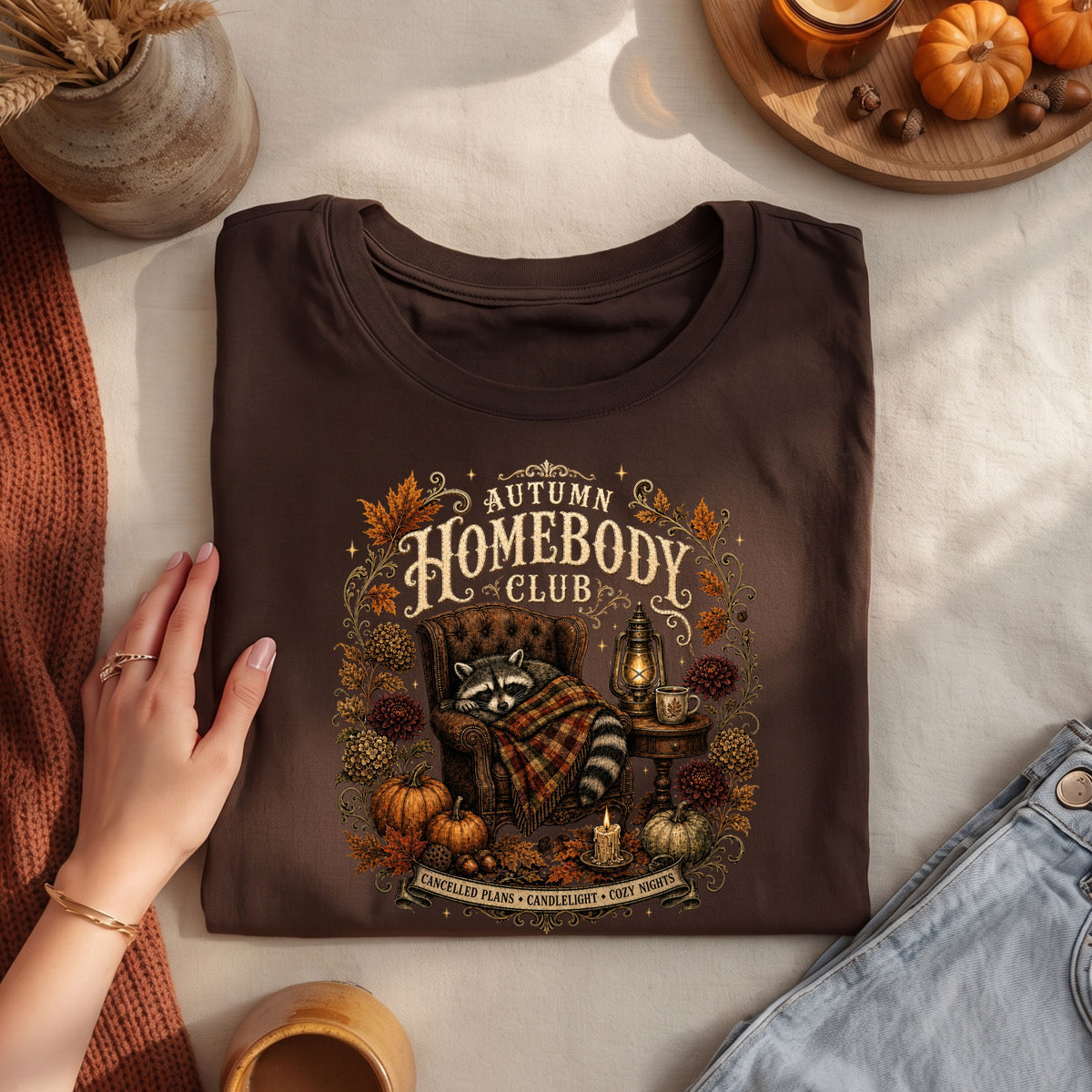 Autumn Homebody Club cozy fall raccoon graphic tee