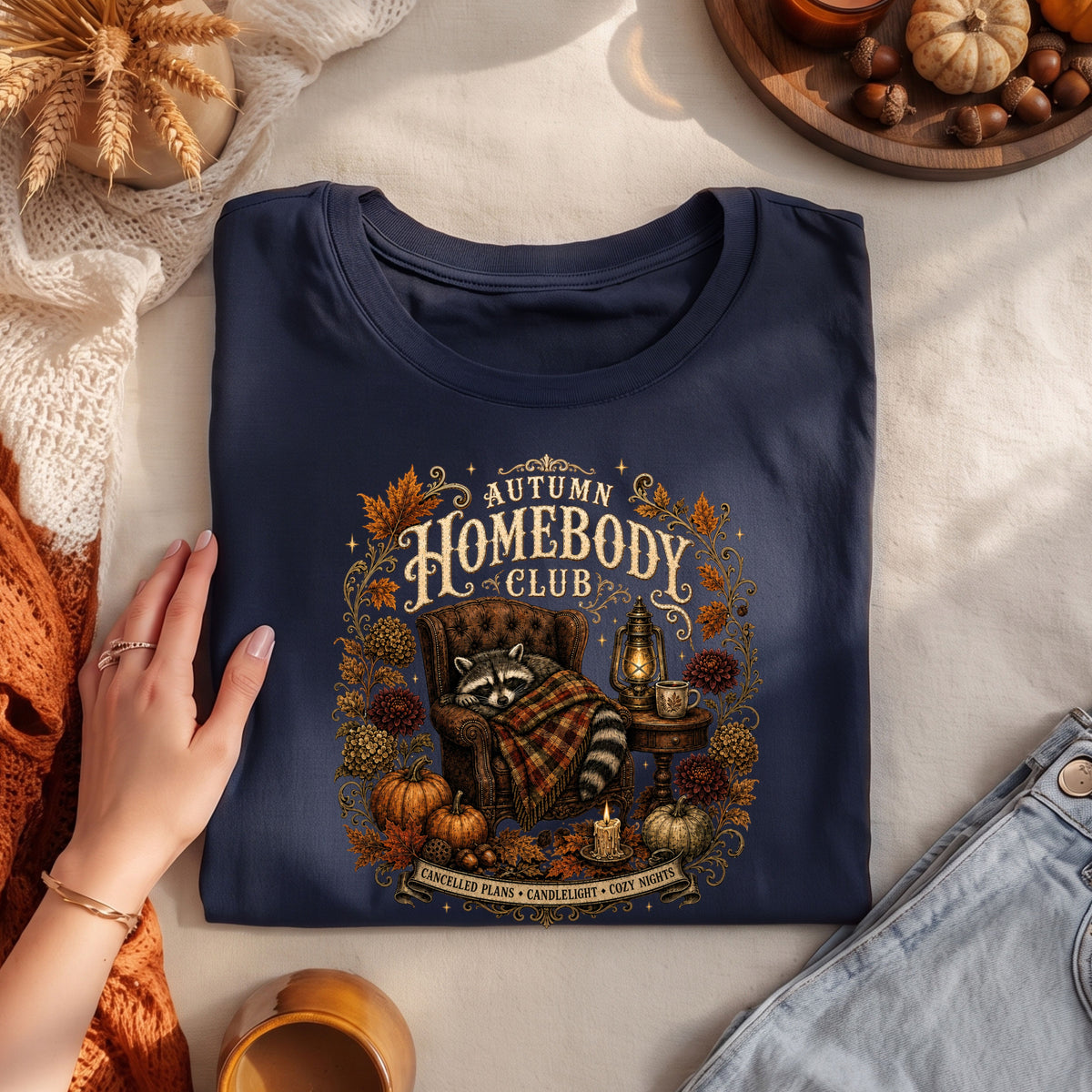 Autumn Homebody Club cozy fall raccoon graphic tee