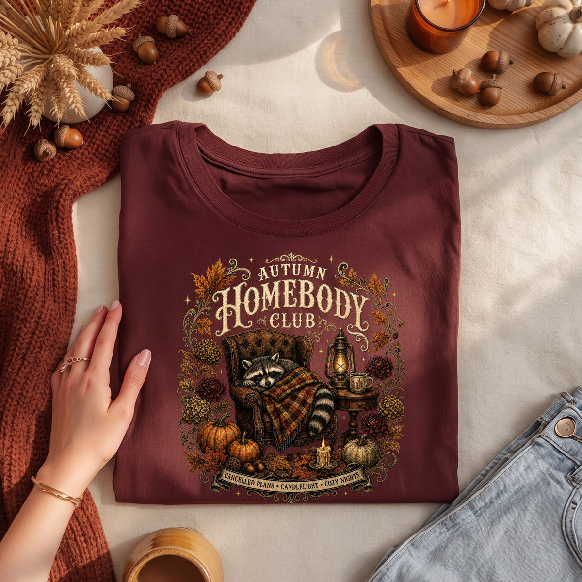 Autumn Homebody Club cozy fall raccoon graphic tee