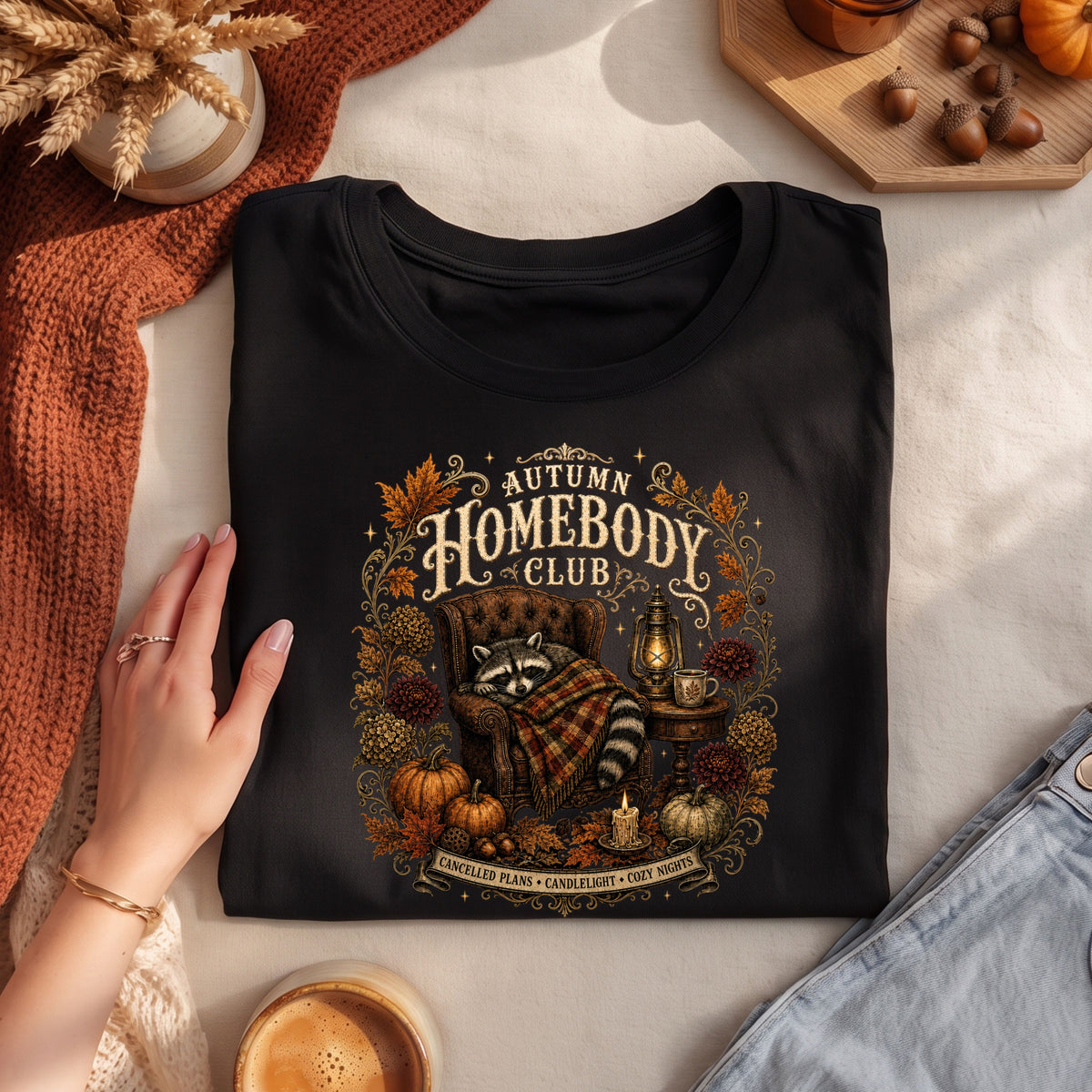 Autumn Homebody Club cozy fall raccoon graphic tee