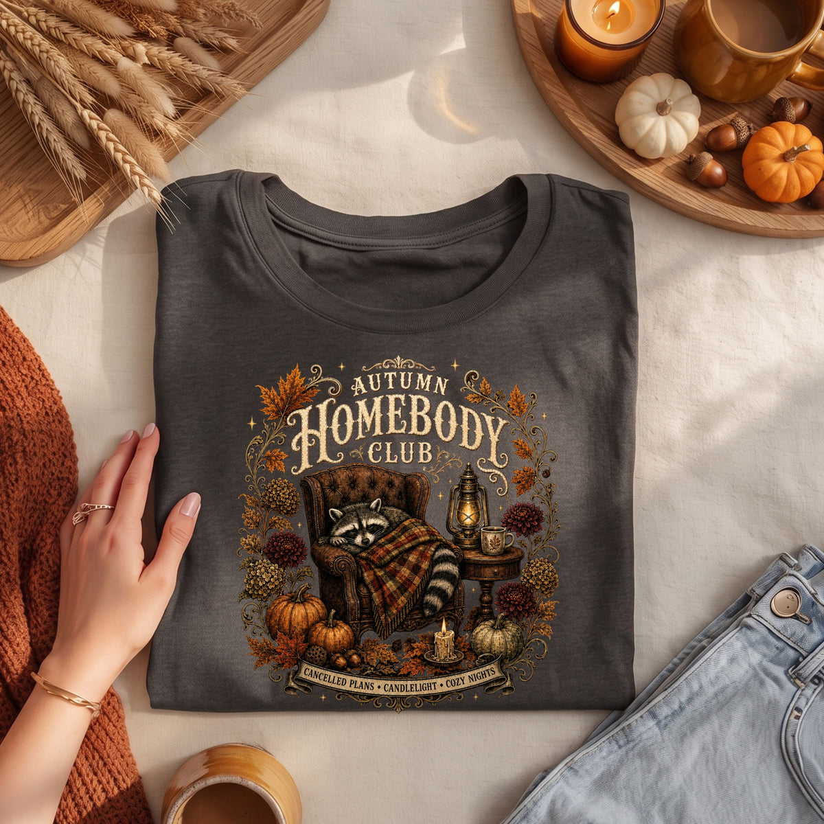 Autumn Homebody Club cozy fall raccoon graphic tee