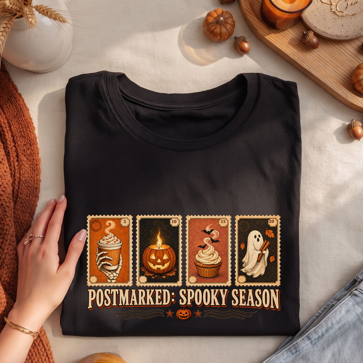 A black short-sleeve T-shirt laid flat on a light fabric surface, styled with a hand on the left, autumn props, and denim at the lower right. The shirt has a Halloween-themed graphic with four illustrated panels showing a skeleton drink, a jack-o'-lantern, a cupcake with a bat, and a ghost, plus the text 'POSTMARKED: SPOOKY SEASON'.
