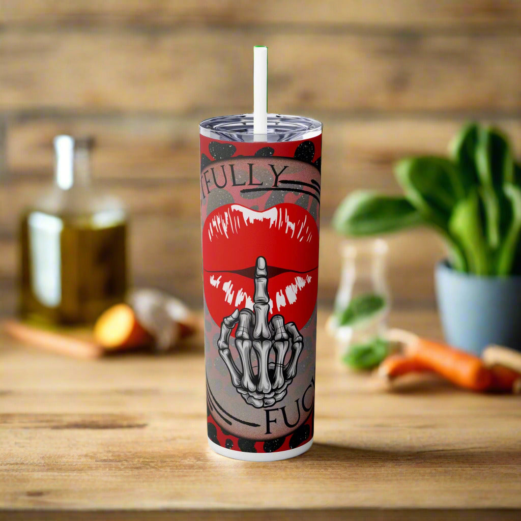 Tumbler with graphic design featuring a skeleton hand and text on a white background