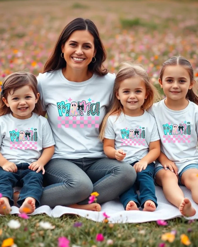 Mommy & Me Iridescent Ghost Halloween T-Shirts – Cute Pastel Checkered Mama & Mini Tee Set