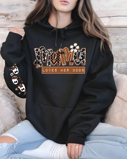 Custom Mama Loves Her Boos Hoodie or Crew Neck With Personalized Name Ghost Sleeve