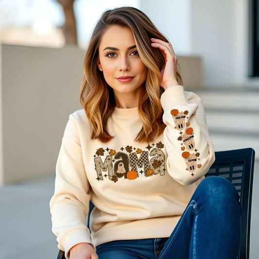 Cottagecore Mama Halloween Shirts & Sweatshirts – Custom Ghost Sleeve Crewneck or Fall Mama T-Shirt