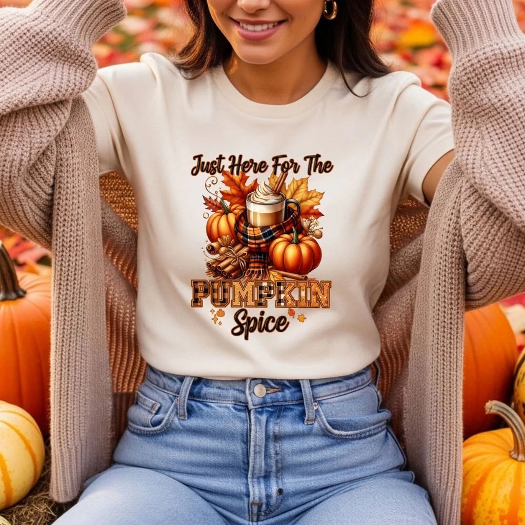 Just Here for the Pumpkin Spice Shirt or Crewneck – Cozy Fall Coffee Graphic Tee & Sweatshirt