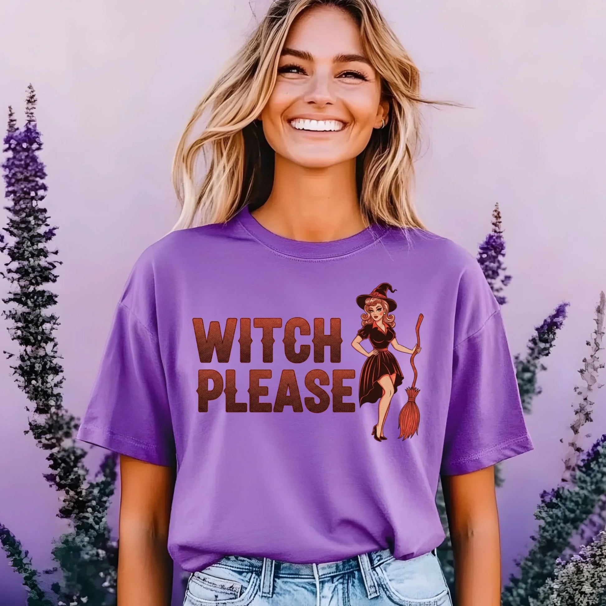 Woman wearing a purple t-shirt with 'Witch Please' text and graphic, standing against a purple floral background.