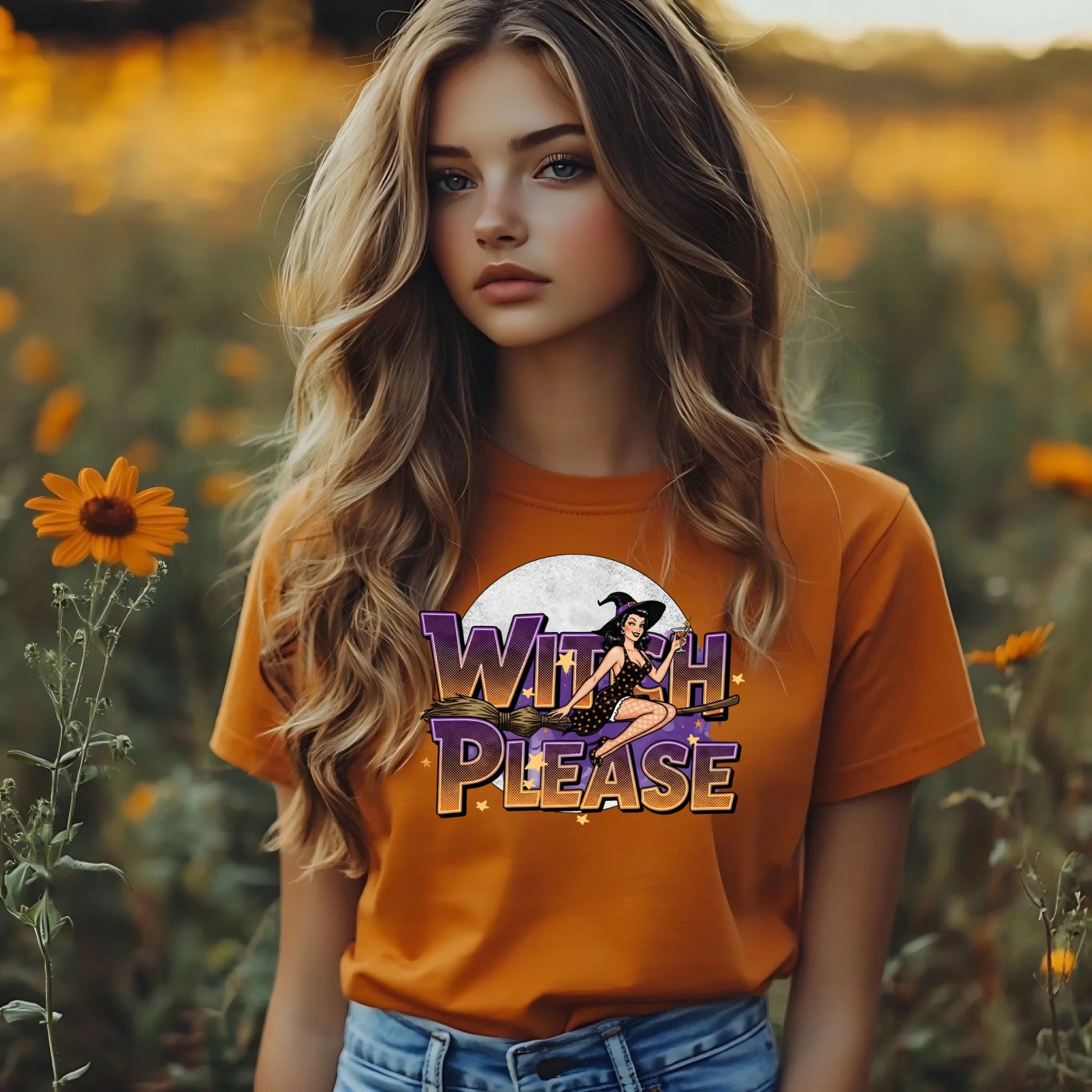 Woman wearing an orange t-shirt with a graphic design and text in a sunflower field.