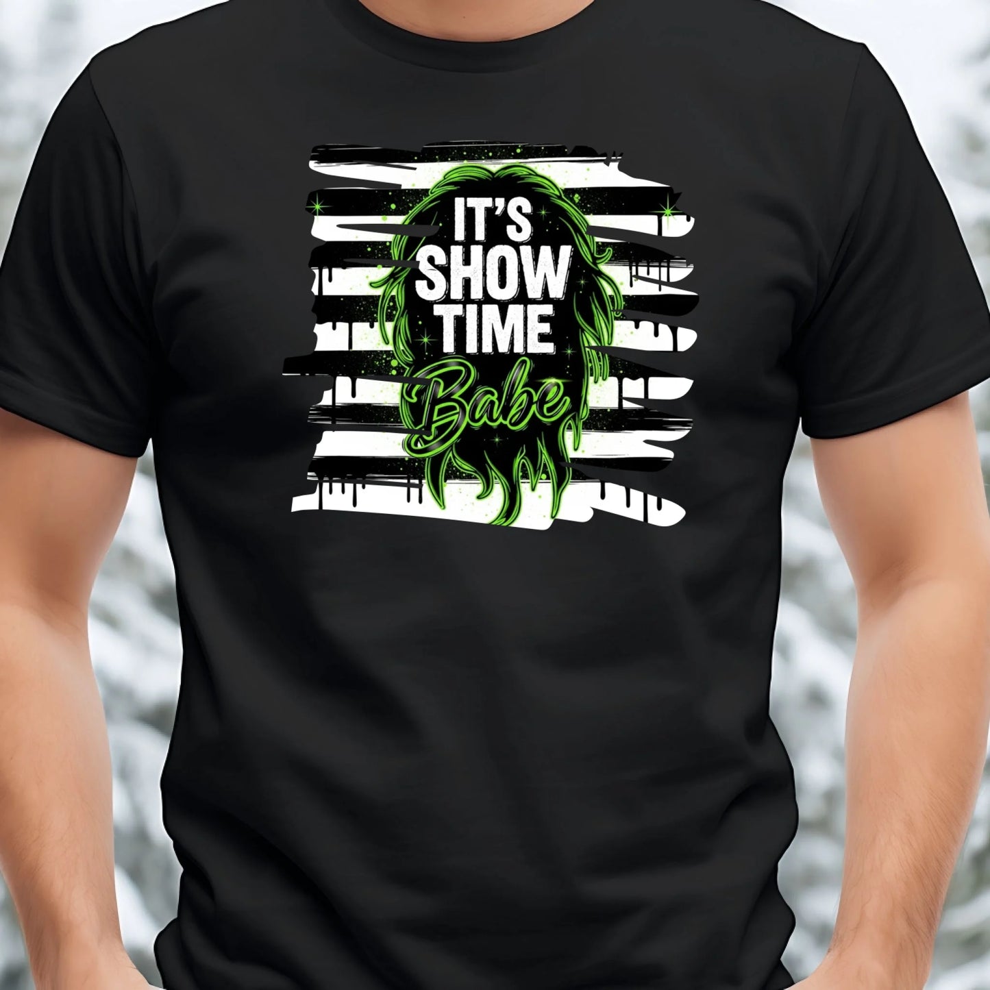 Black t-shirt with 'It's Show Time Babe' graphic design on a blurred background