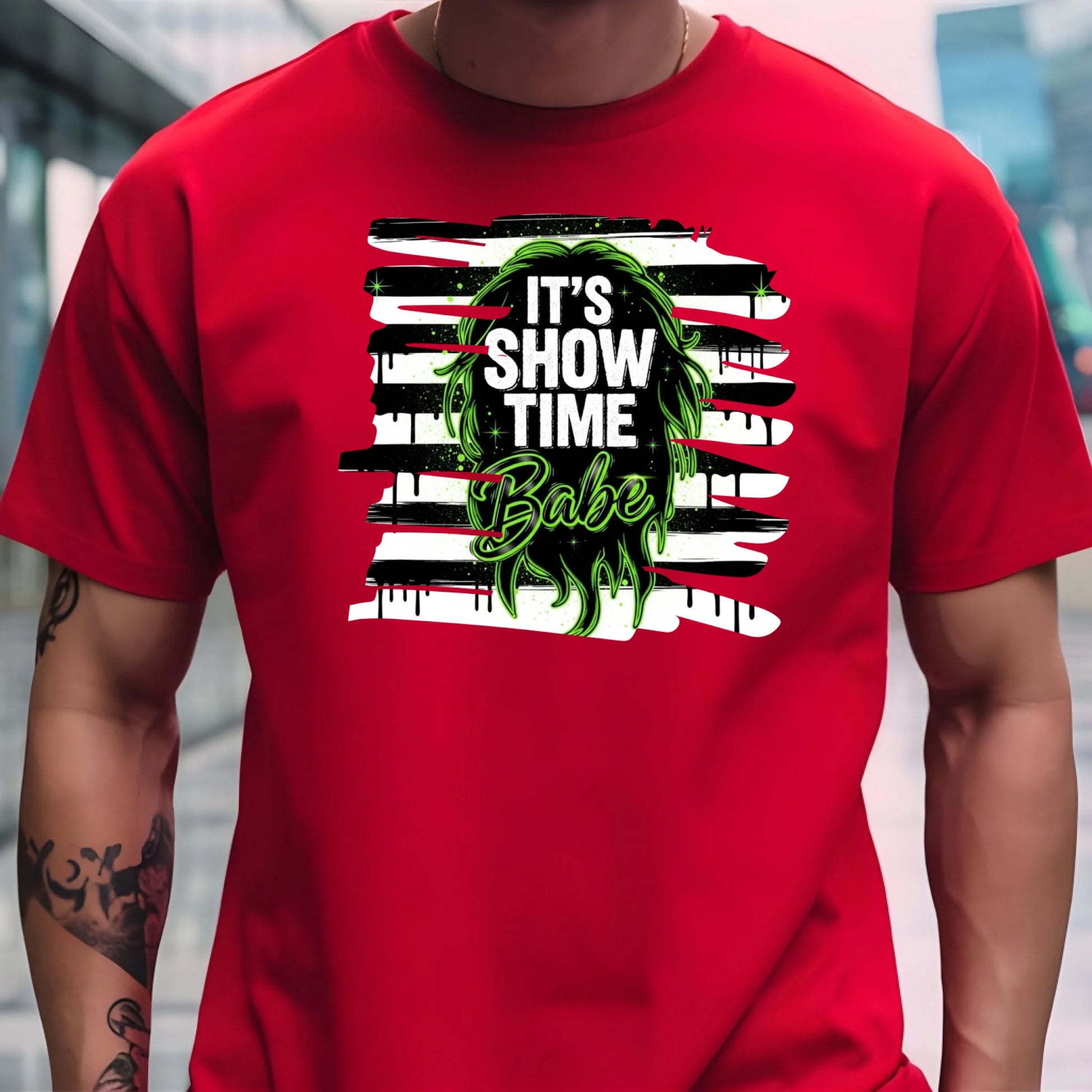 Red t-shirt with 'It's Show Time Babe' graphic design worn by a person.
