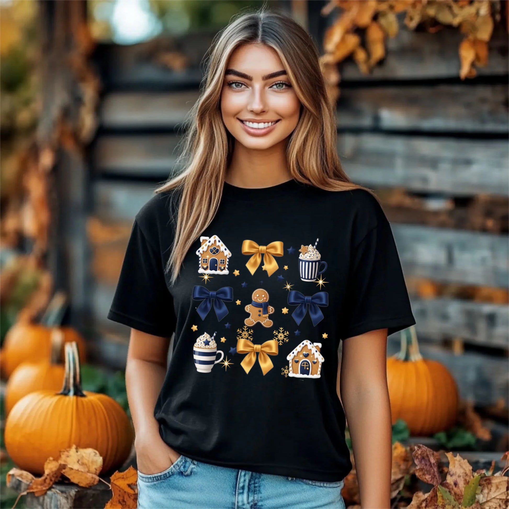 Woman wearing a black t-shirt with festive designs in an autumn setting with pumpkins and leaves.