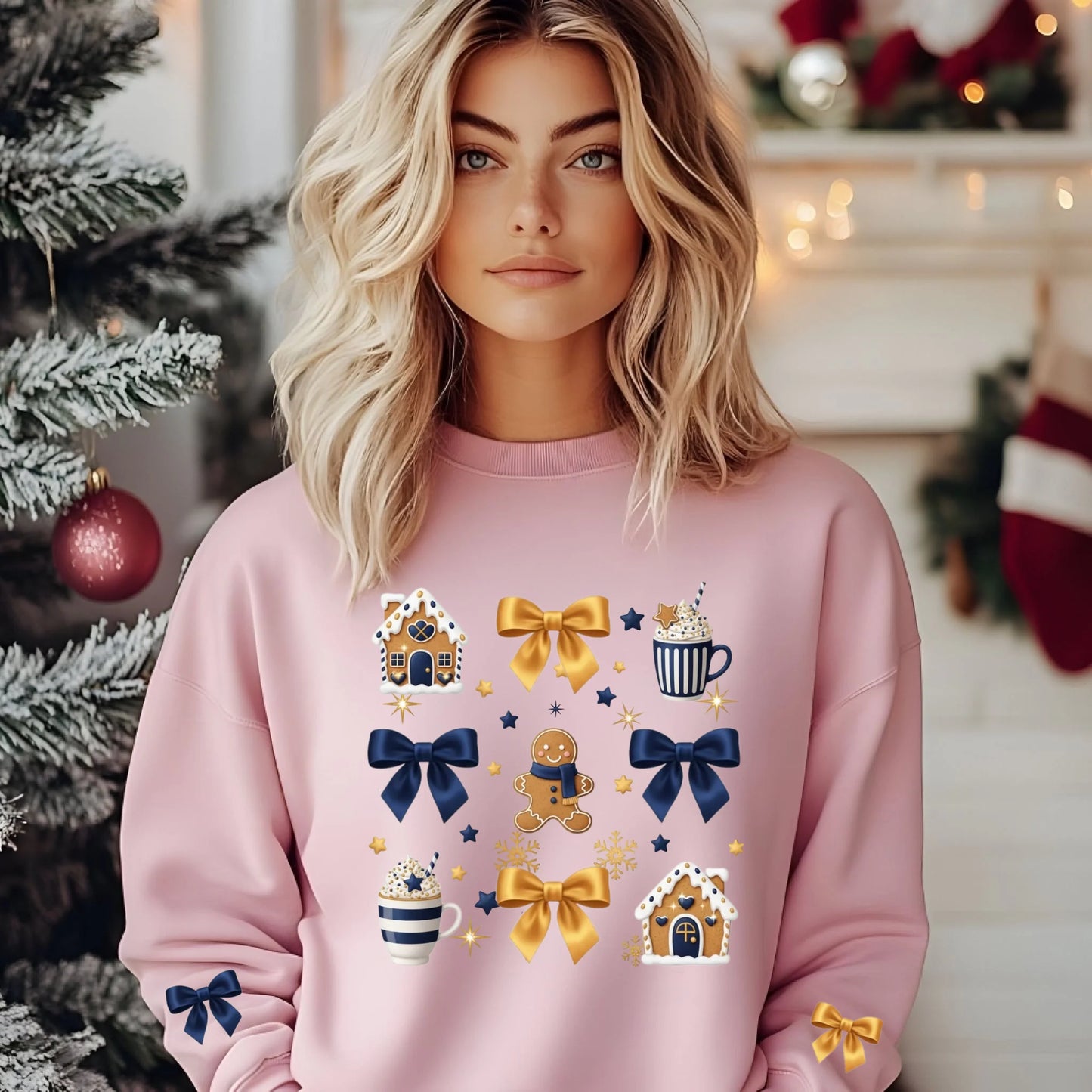 Woman wearing a pink sweatshirt with festive designs in a decorated room.