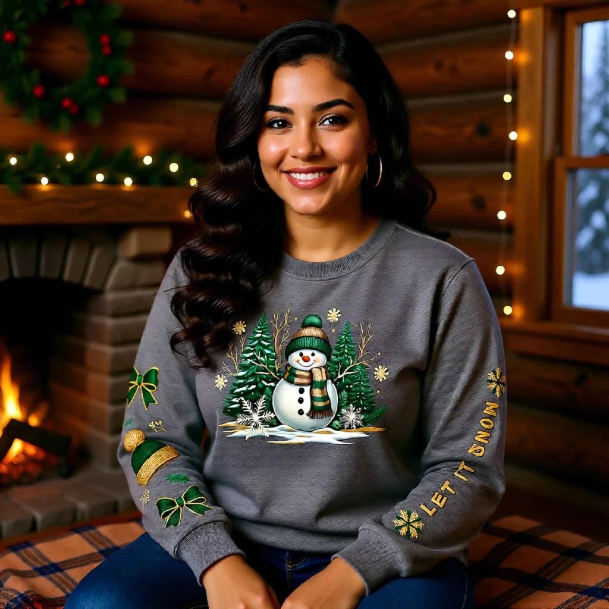 Woman wearing a Snowman Winter Collection “Let It Snow” sleeve text design. Cozy Christmas Crewneck Sweatshirt