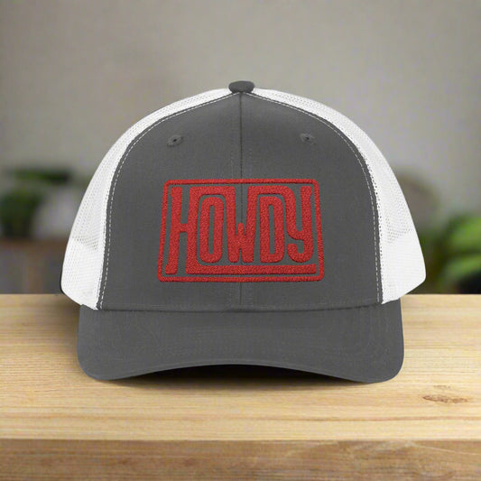 Gray and white cap with red 'HOWDY' logo on a white background