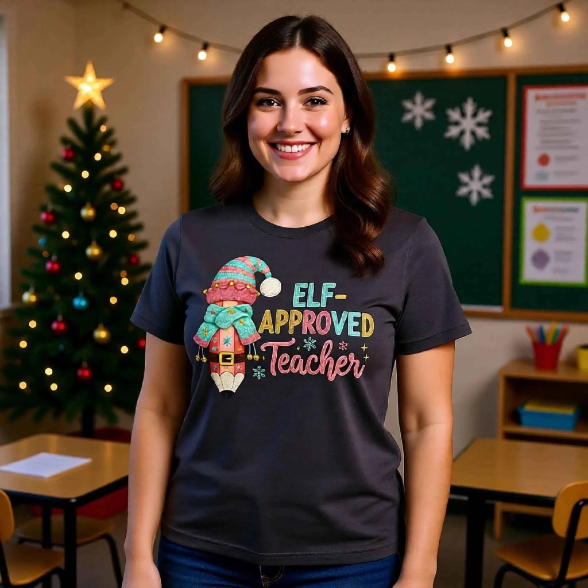 Woman wearing “Elf-Approved Teacher”  Faux Crochet Christmas Print Tshirt.