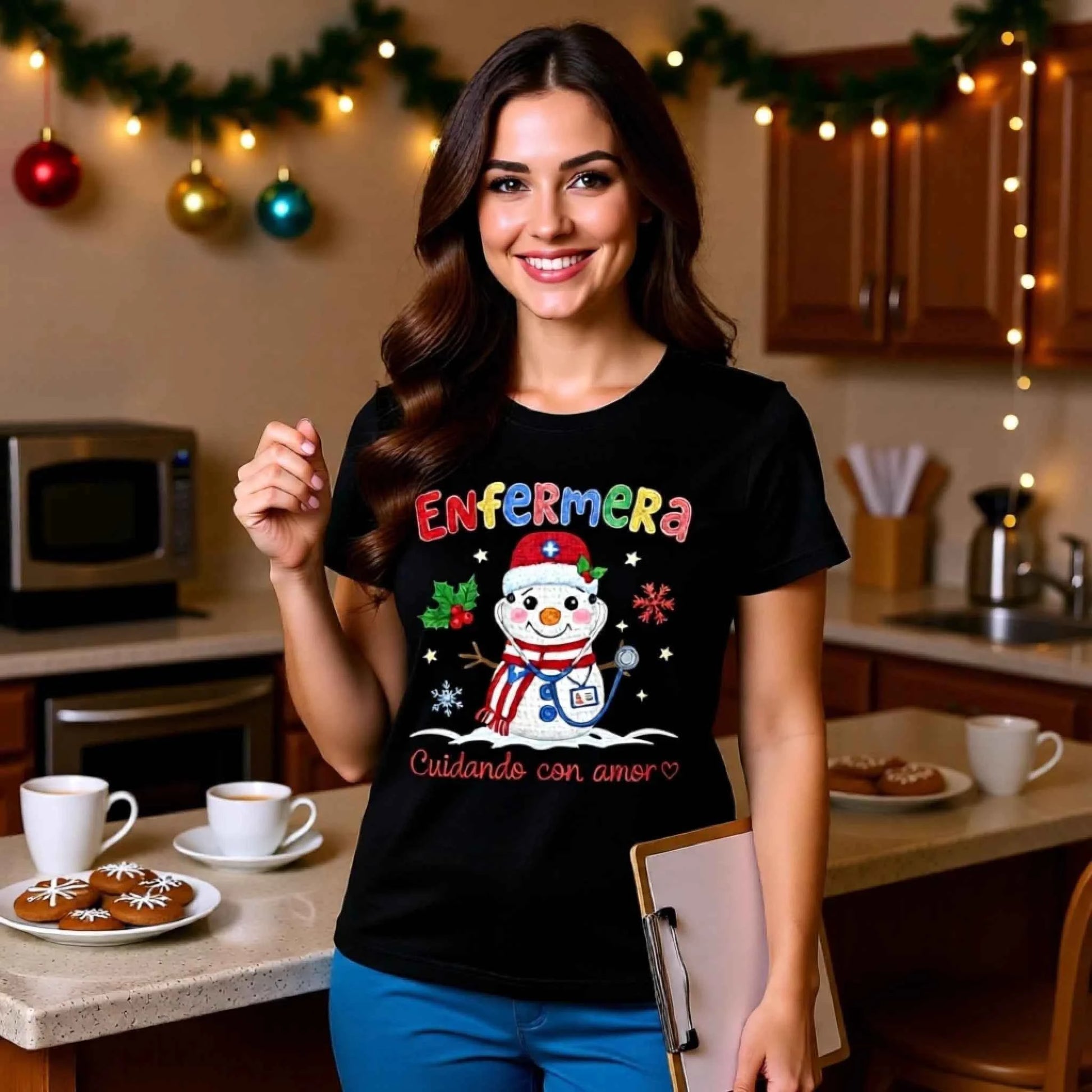 Woman wearing “Enfermera, Cuidando con Amor” Faux Crochet Nurse Snowman Christmas T-Shirt design