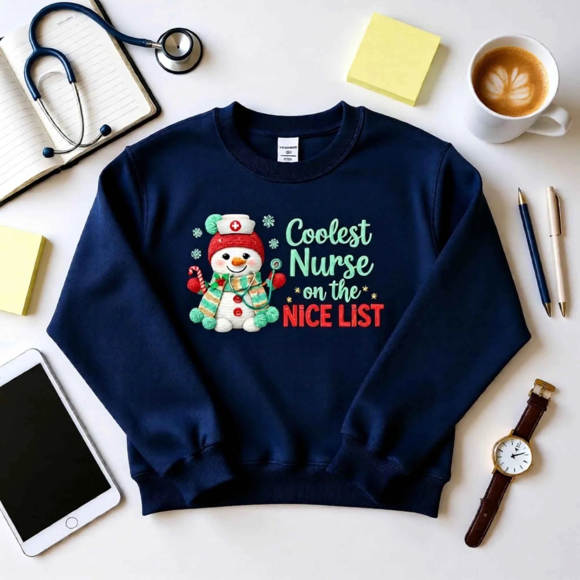 Flat lay of “Coolest Nurse on the List” faux crochet nurse snowman Christmas Crewneck Sweatshirt 