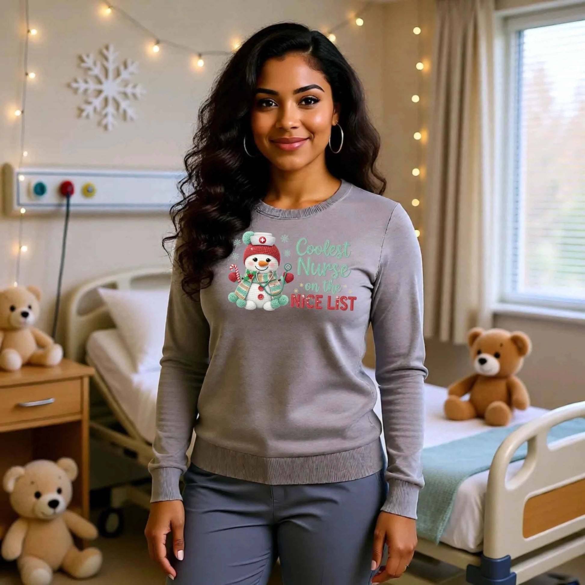 Woman wearing  “Coolest Nurse On The Nice List” Faux crochet nurse snowman design on a Christmas Crewneck sweatshirt