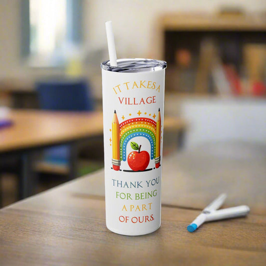 Tumbler with educational design and text on a white background