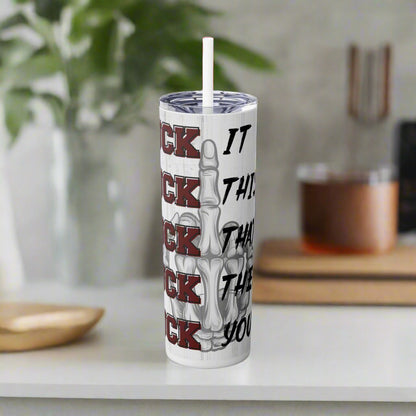 Tumbler with skeleton design and text on a white background