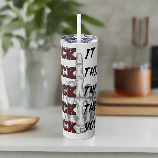 Tumbler with skeleton design and text on a white background