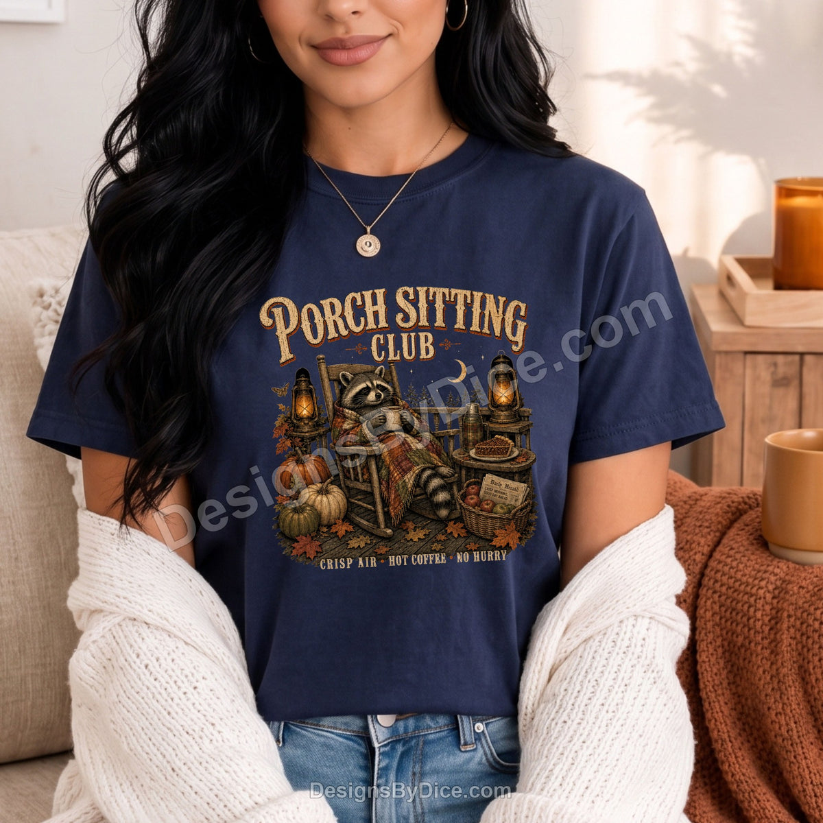 Porch Sitting Club Shirt | Cozy Fall Raccoon Graphic Tee