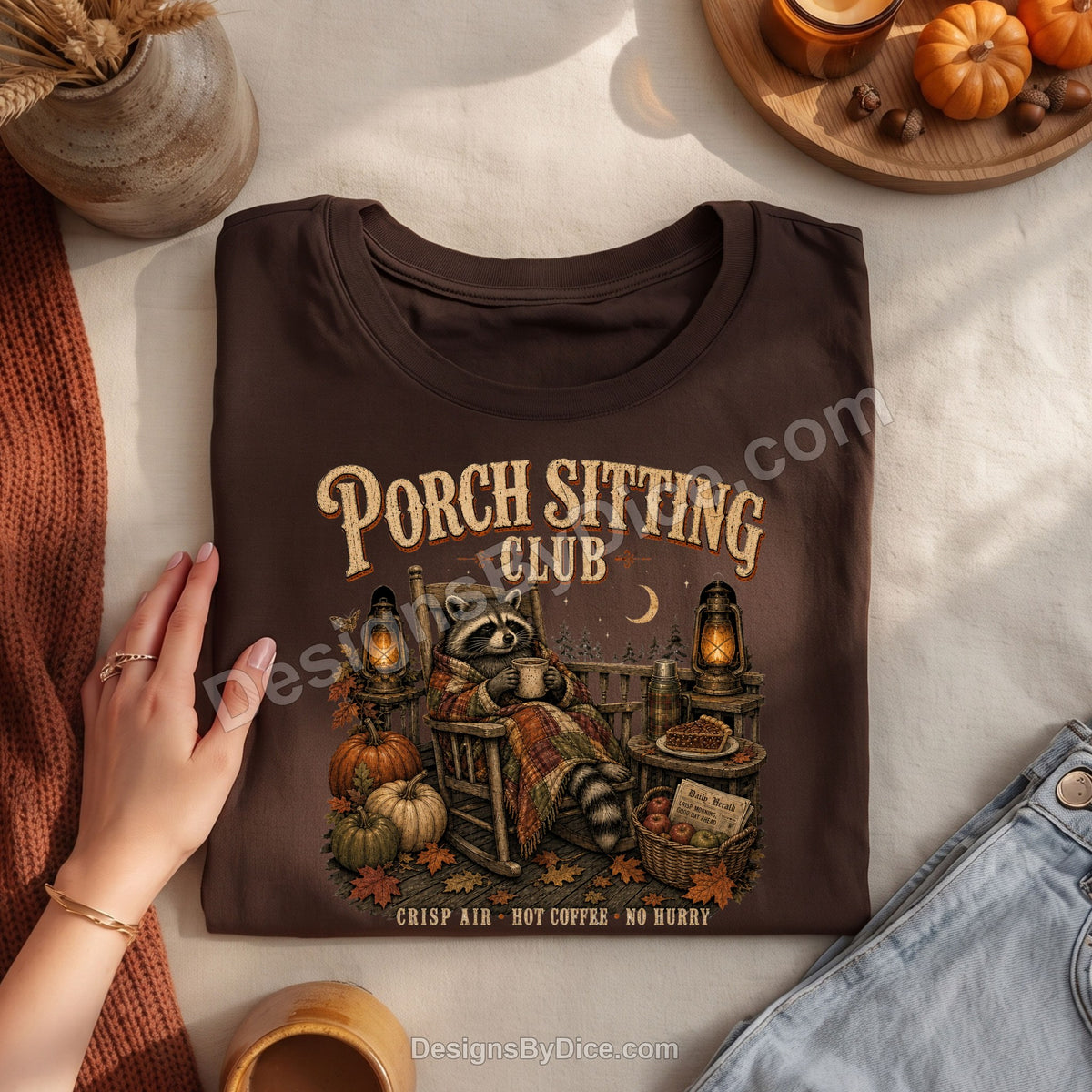 Porch Sitting Club Shirt | Cozy Fall Raccoon Graphic Tee