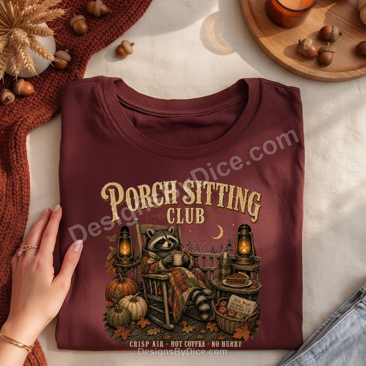 Porch Sitting Club Shirt | Cozy Fall Raccoon Graphic Tee