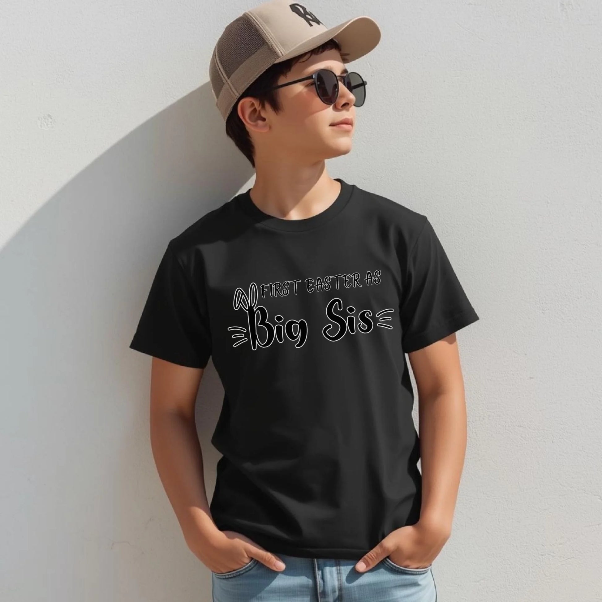 Youth black t-shirt featuring the “First Easter as Big Bro” design, ideal for coordinating sibling Easter outfits.