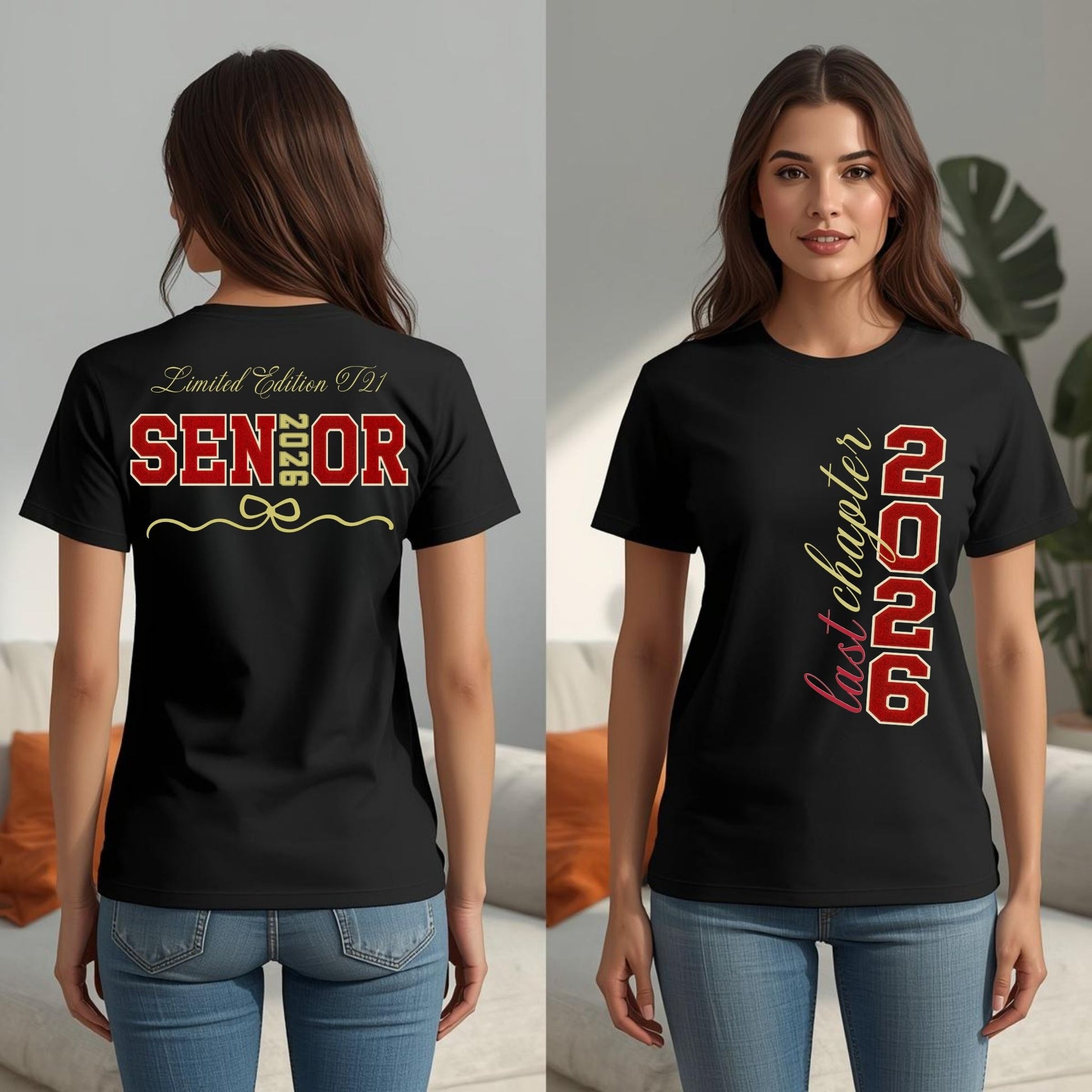 Black t-shirt with 'Senior 2026' text on front and back worn by a person.