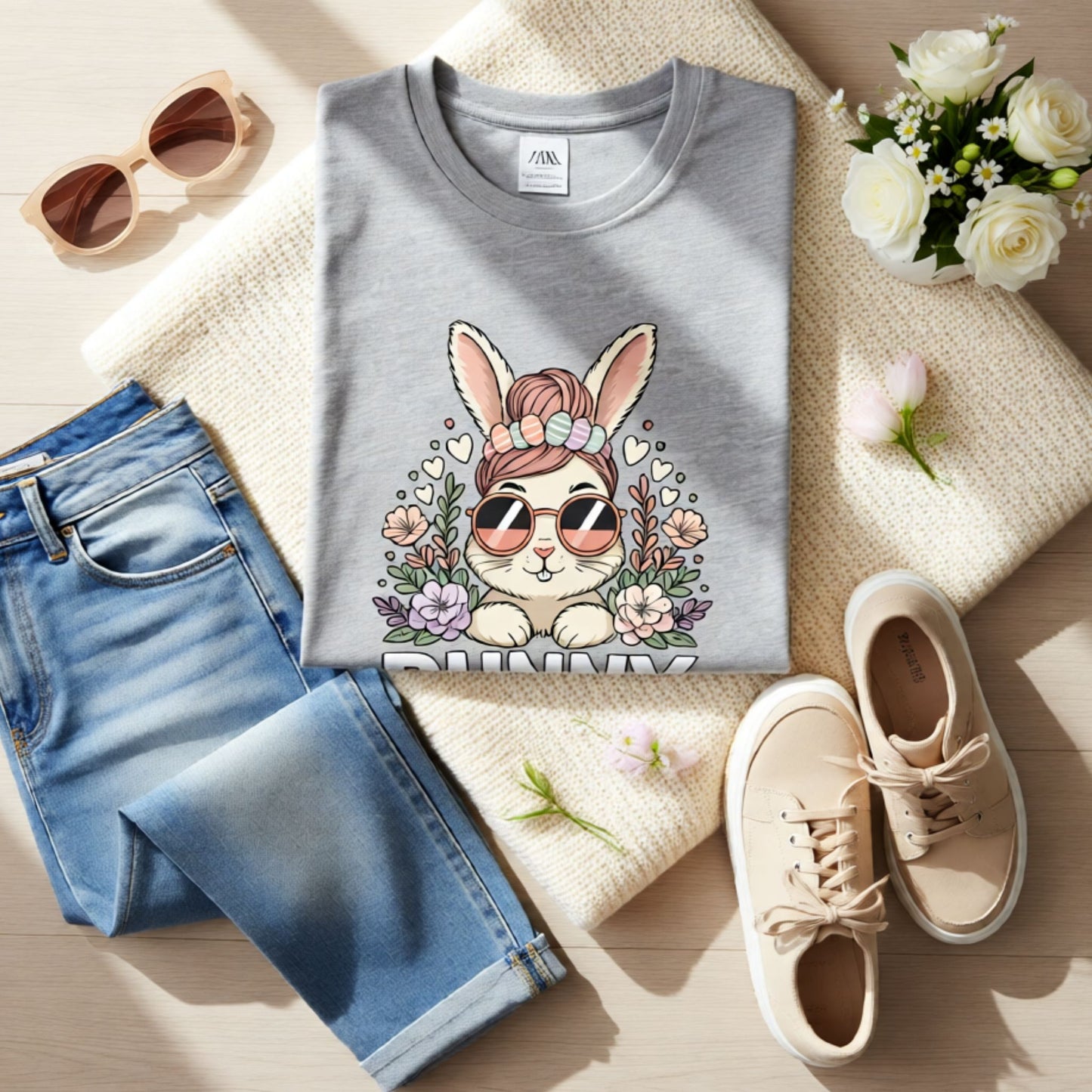 Gray t-shirt with a bunny design, blue jeans, beige sneakers, sunglasses, and flowers on a wooden surface.