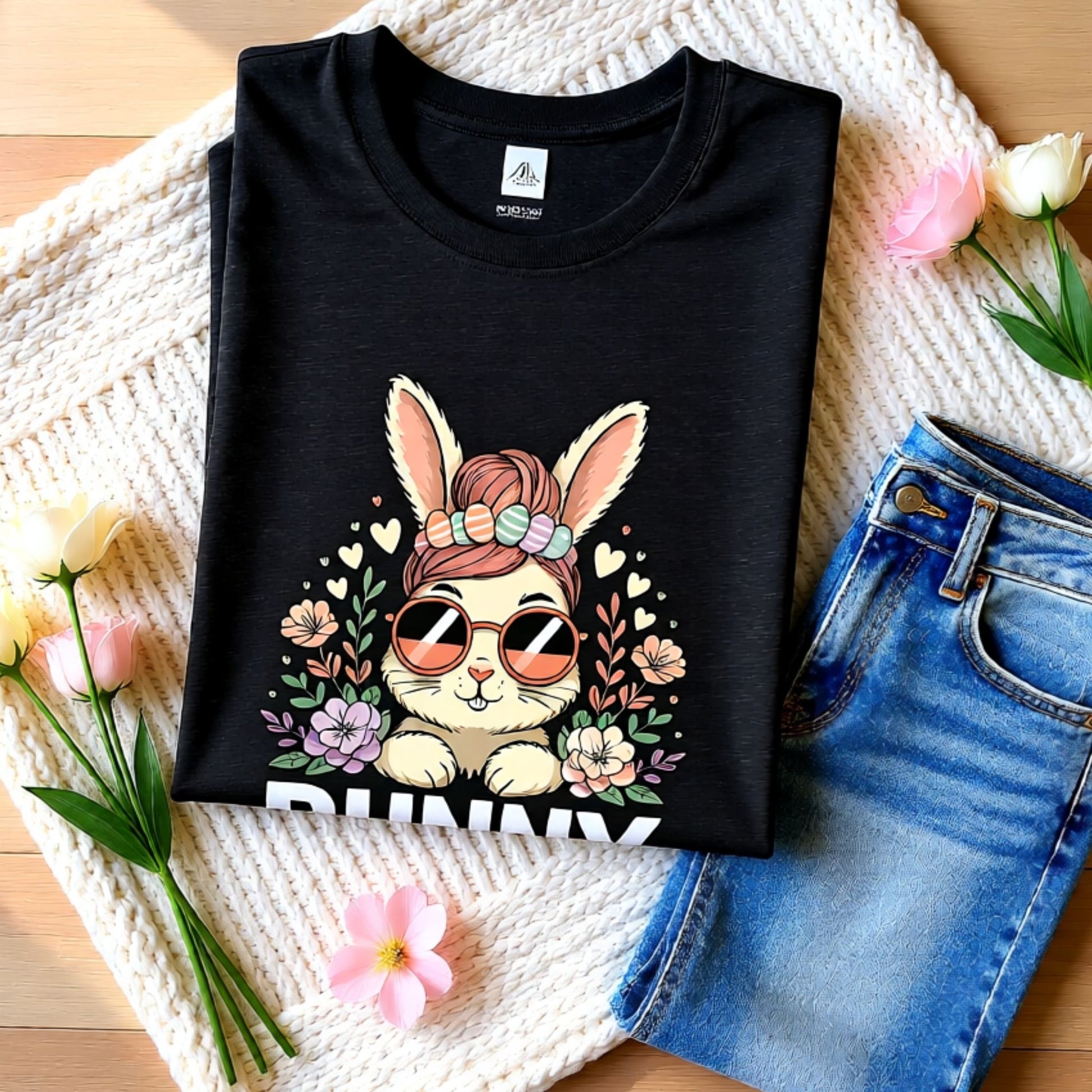 Dark heather grey t-shirt with a cartoon bunny design on a textured surface with jeans and flowers.