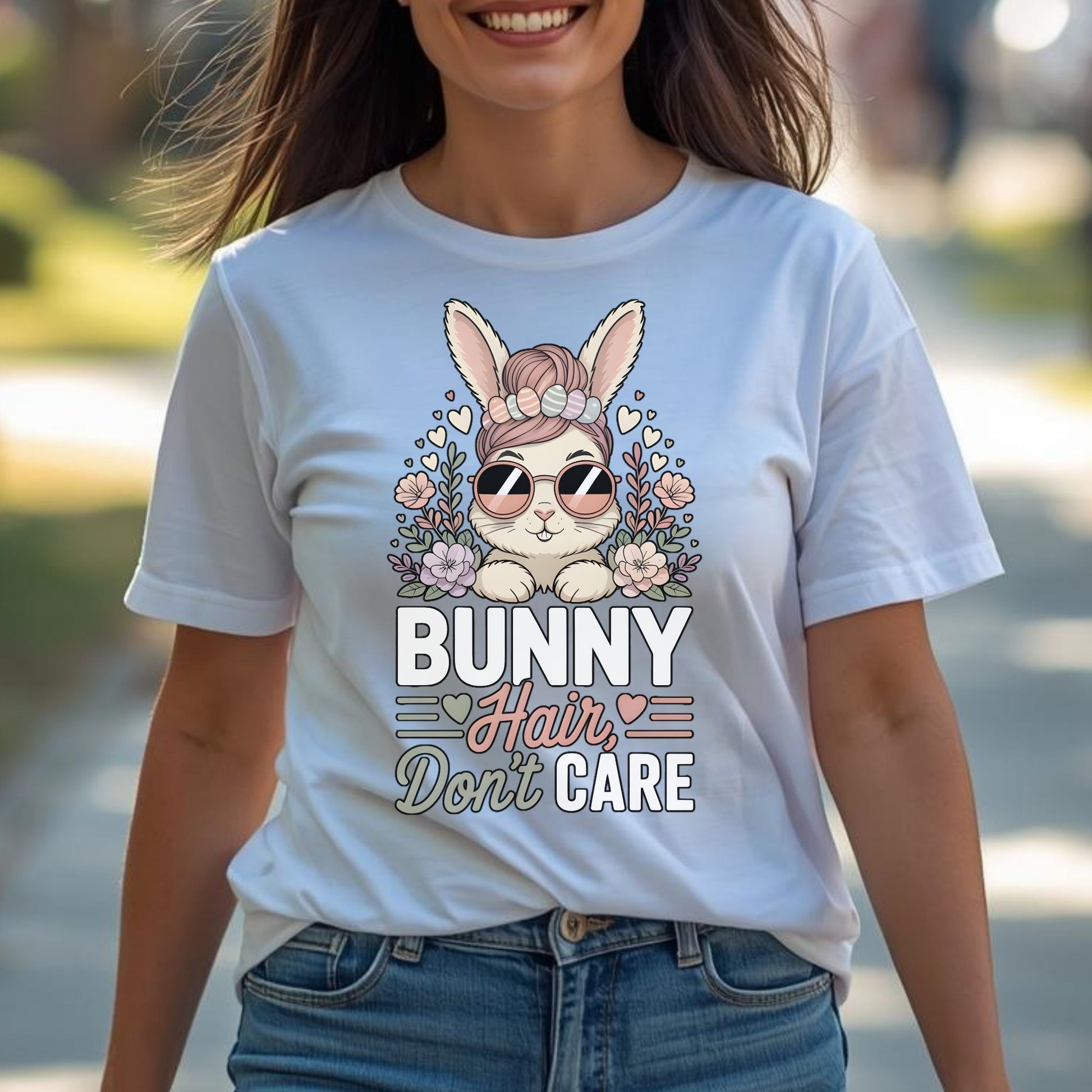 Person wearing a white t-shirt with a cartoon bunny design and text outdoors.