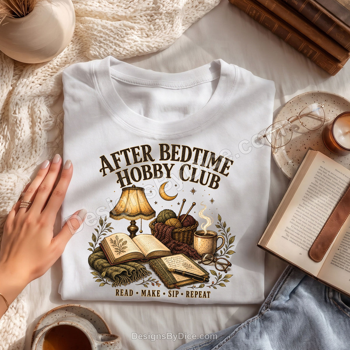 After Bedtime Hobby Club Tee | Cozy Reading & Knitting Shirt