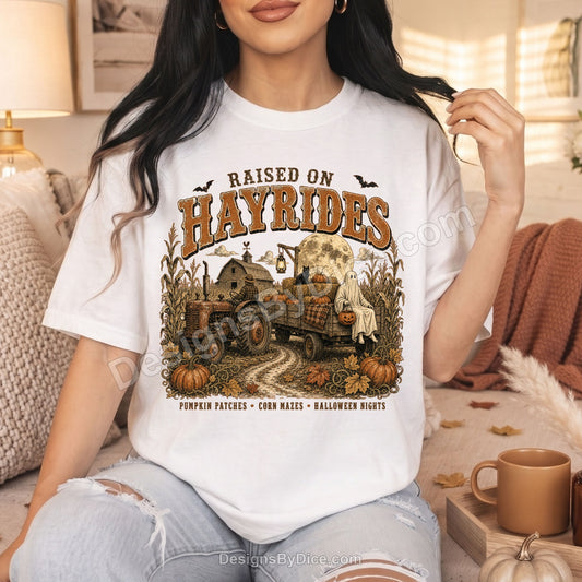Raised on Hayrides Shirt | Vintage Halloween Farm Graphic Tee