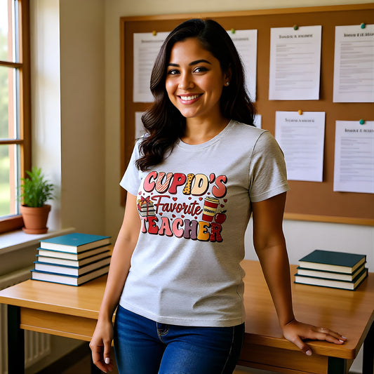 Smiling teacher wearing a sport grey Cupid’s Favorite Teacher t-shirt while standing beside a desk stacked with books.
