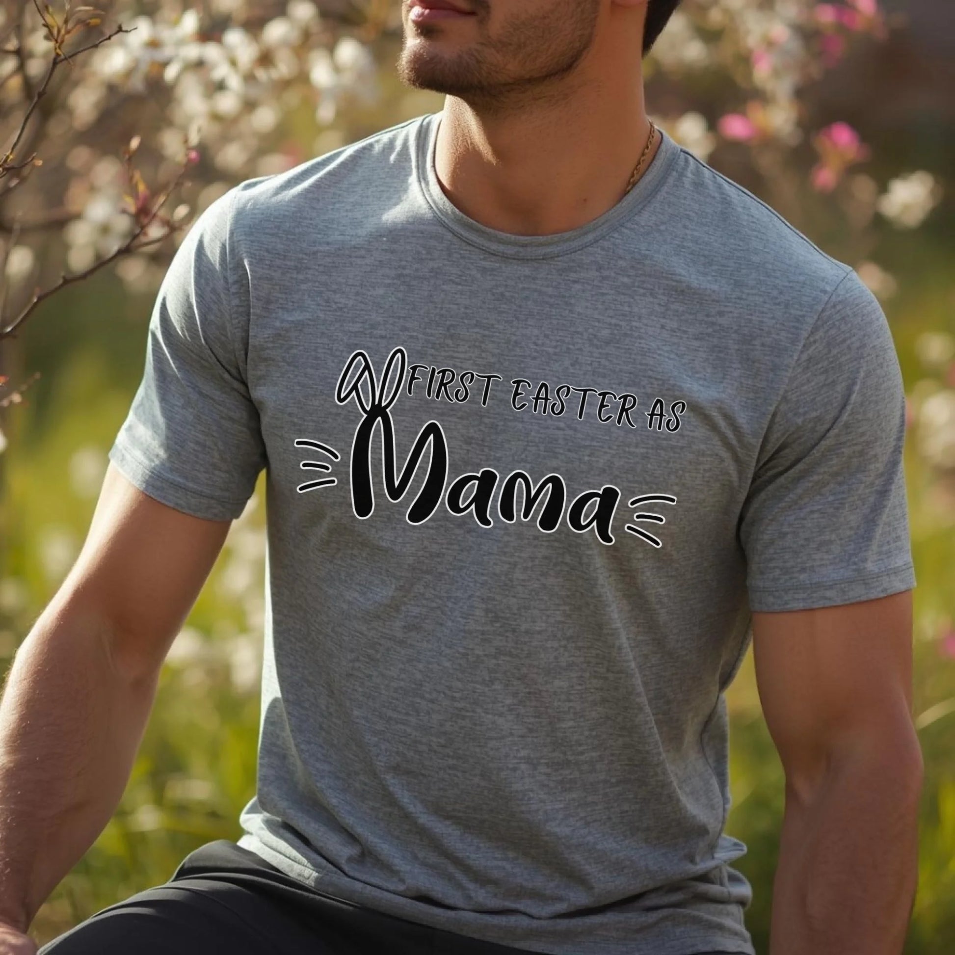 Heather gray t-shirt featuring the “First Easter as Papa” design, styled casually for a modern Easter family look.
