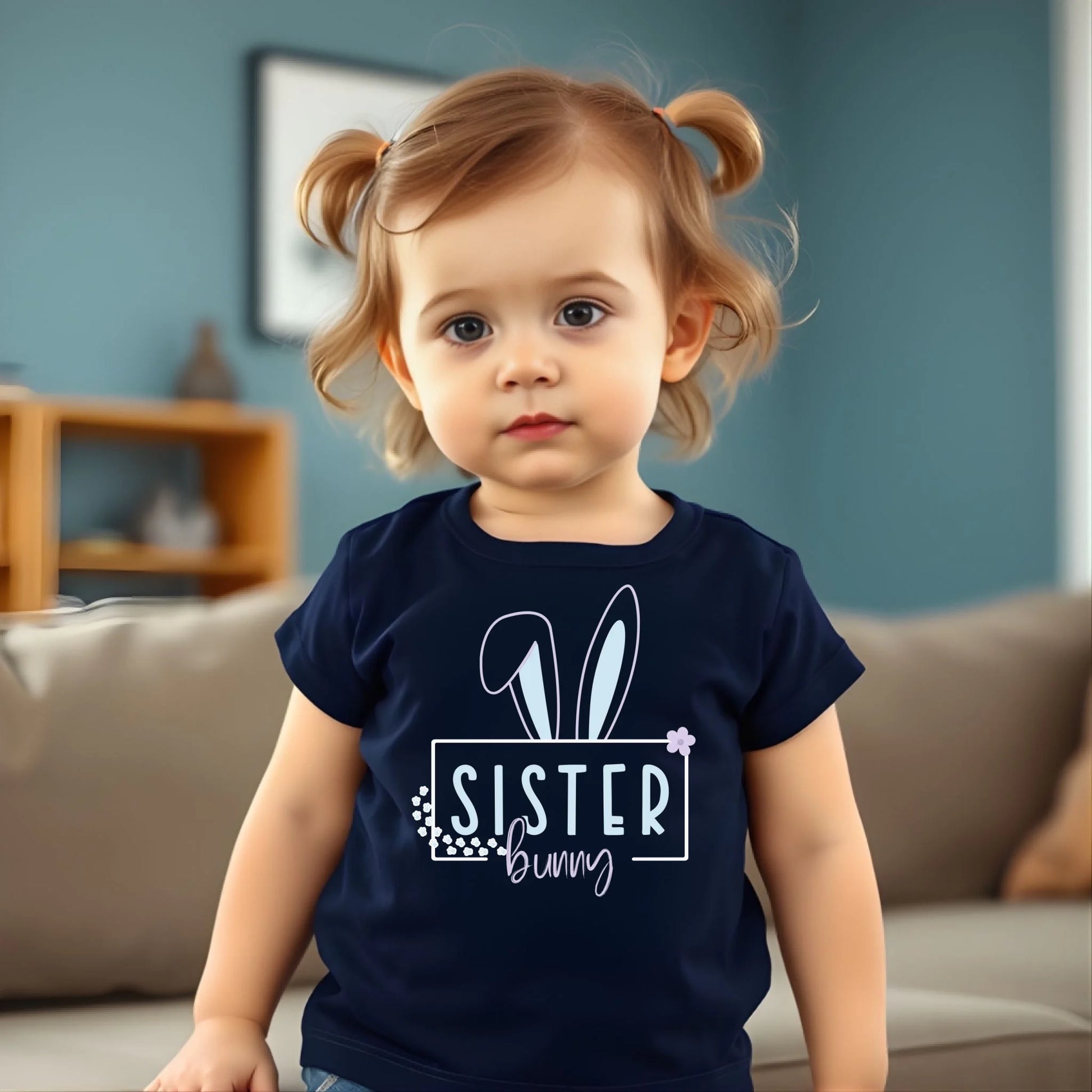 Child wearing a navy blue t-shirt with 'Sister Bunny' text in a living room.