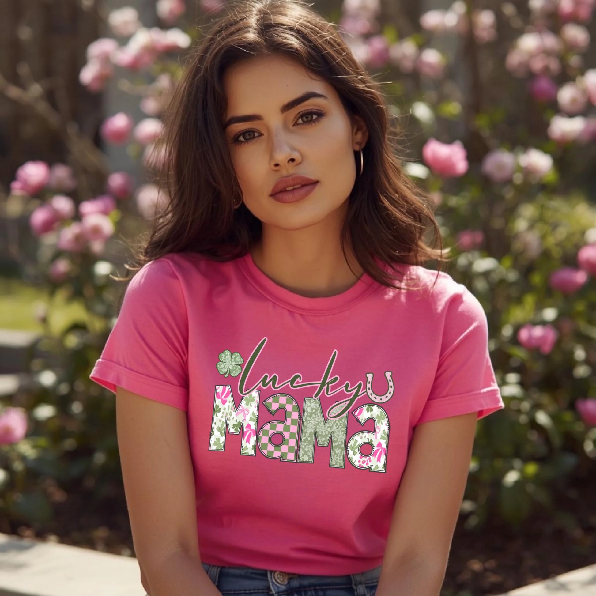 Woman wearing a Lucky Mama Bella + Canvas t-shirt in a spring outdoor lifestyle setting.