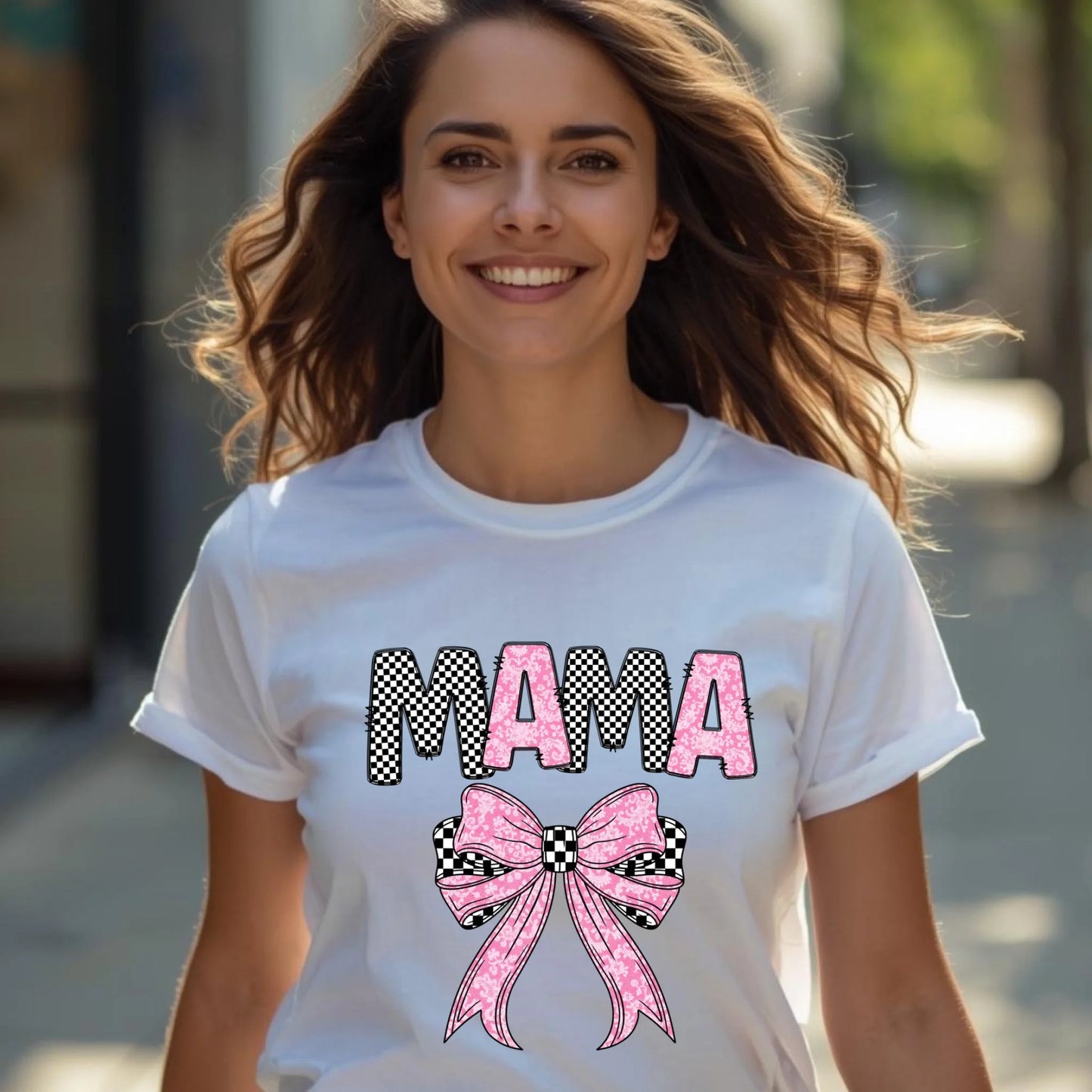 Woman wearing white Mama matching shirt, casual mommy and me outfit for everyday wear