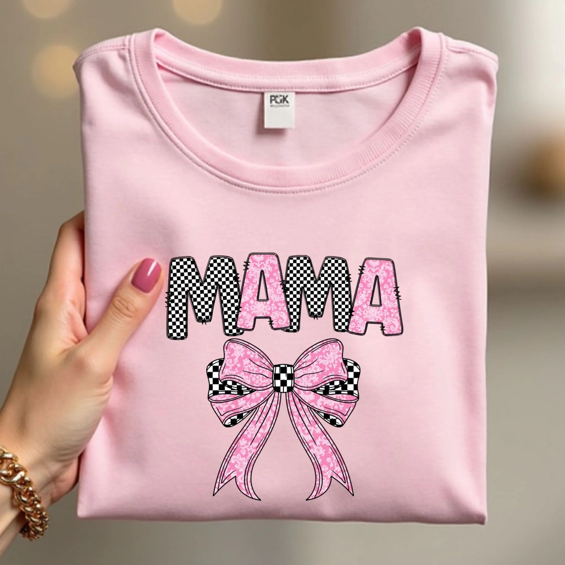 Pink Mama checkered bow t-shirt folded flat, stylish mom gift for Mother’s Day
